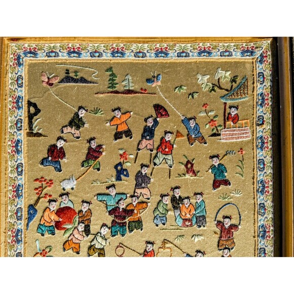 VTG Chinese Hand Embroidered Silk Panel-Hundred Children Playing-25x13" Framed - Picture 4 of 6